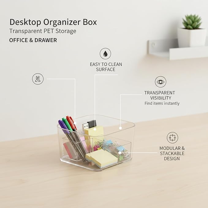 Durable PET Plastic Desktop Organizer, Transparent Storage Bin for Office Desk and Drawer Organization