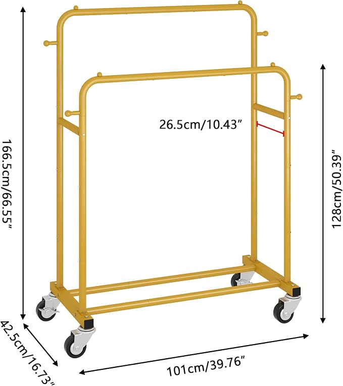 Laiensia Double Rods Garment Rack with Wheels, Clothing Rack for Hanging Clothes,4 Hooks, Multi-functional Bedroom Clothes Rack, Gold