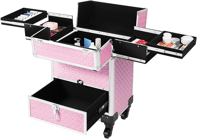 Rolling Makeup Train Case with 7 Compartments & Drawer, Large Storage Professional Aluminum Alloy Mobile Organizer on Wheels for Hairstylists, Makeup Artists, Pet Groomers (pink)