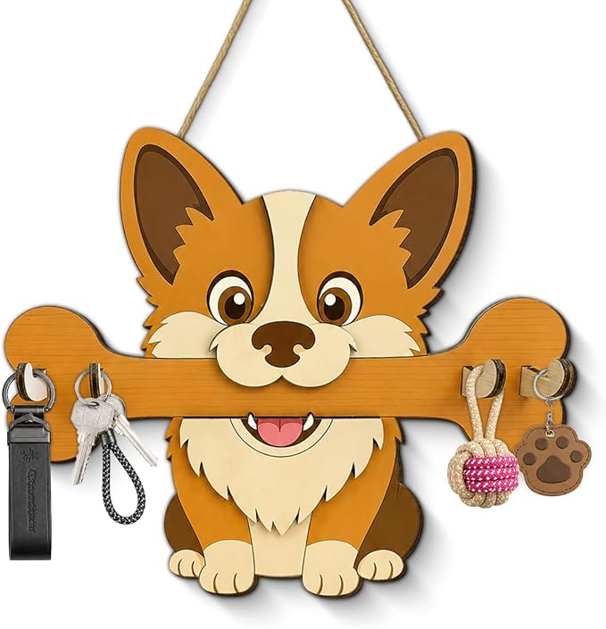 Gifts for Dog Lovers, Cute Dog Leash Holder for Wall, Puppy Key Holder Wall Mount with 4 Keys Hooks, Wooden Key Hooks for Collars, Entryway Garage Living Room Kitchen Mudroom
