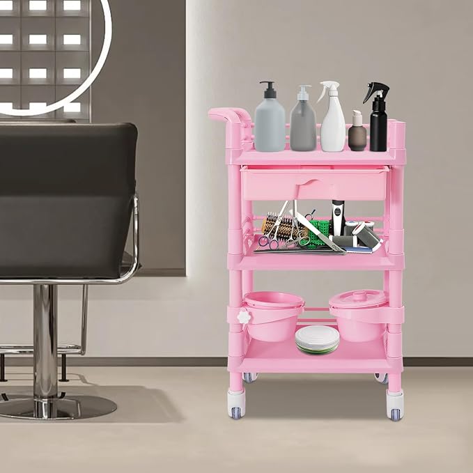 Mobile Salon Storage Cart with Wheel and Drawer, Portable 3-Tier Professional Trolleys, 176 Lbs Load Utility Tool, for Barber Stores, Spas, Homes, Beauty Store, Pet Shops (Pink)