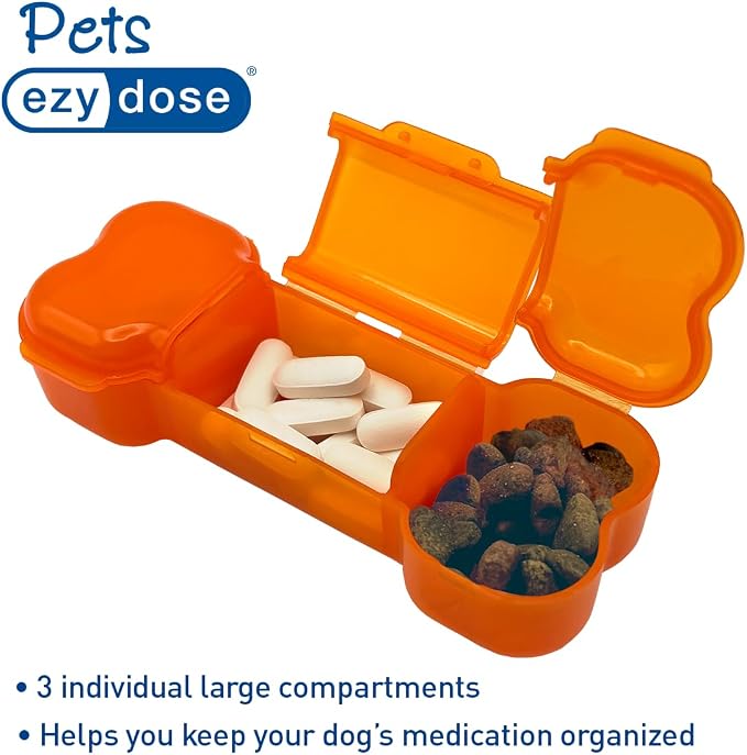 Ezy Dose Pets Dog Bone Pill Case, 3 Large Compartments, Orange | Medicine Planner, Vitamin Organizer Box for Dogs, Easy to Use, Transparent Lids, Convenient for Treats