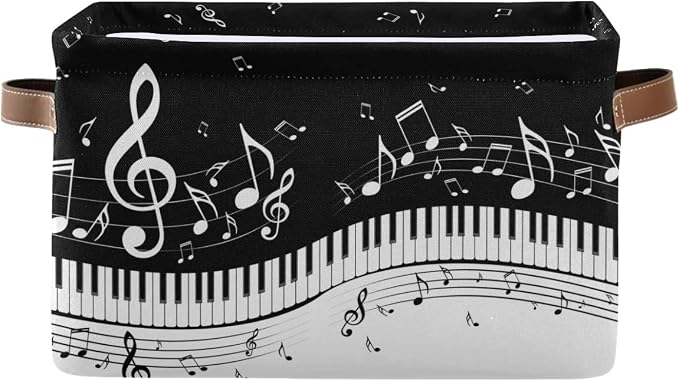 Foldable Storage Baskets, Piano Keys Musical Notes Storage Bins with Handles, Decorative Cloth Organizer Storage Boxes for Home|Office 15 x 11 x 9.5 in