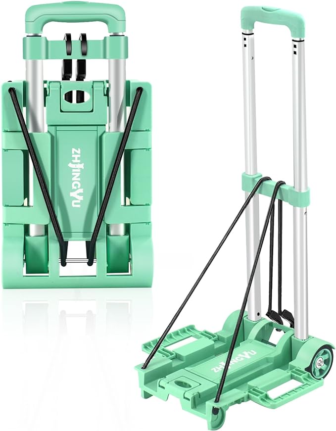 Folding Hand Truck Dolly Cart,Collapsible Shopping Trolley,Mini Lightweight Hand Dolly,Backpack Trolley,Luggage Cart,Aluminum Telescopic Rod,2 Wheel Trolley Expandable Large Chassis,Mint Green