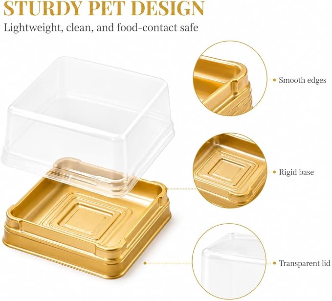 DOITOOL 100 Pcs Mini Cake Containers 2.24 Inch Mooncake Packaging Boxes | Individual cupcake containers with clear lids, gold plastic flan dessert dome for macarons muffins cookies wedding birthday