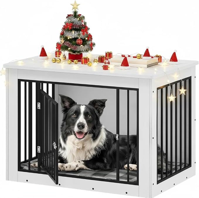 YITAHOME 38.2" Dog Crate Furniture 2-in-1 Iron-Wood Fusion up to 60 lb | Modern Dog Kennel Indoor Side End Table with Waterproof Top, Safety Corners, Steel Lock, White