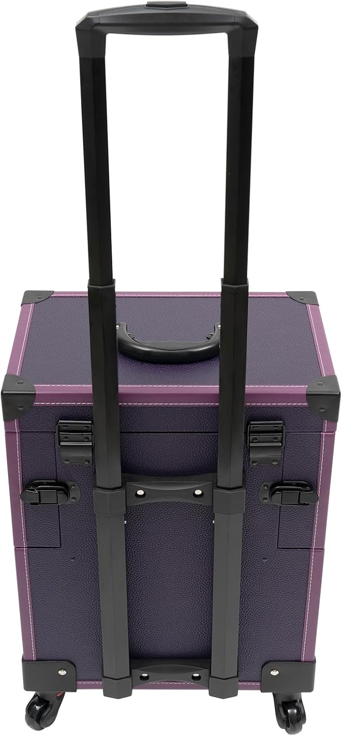 Rolling Makeup Train Case, Aluminum Cosmetic Trolley Organizer with Sliding Drawers, Barber Case with Key Swivel Wheels, Travel Cosmetic Organizer for Hair Stylists,Pet Groomers,Makeup Artists, Purple