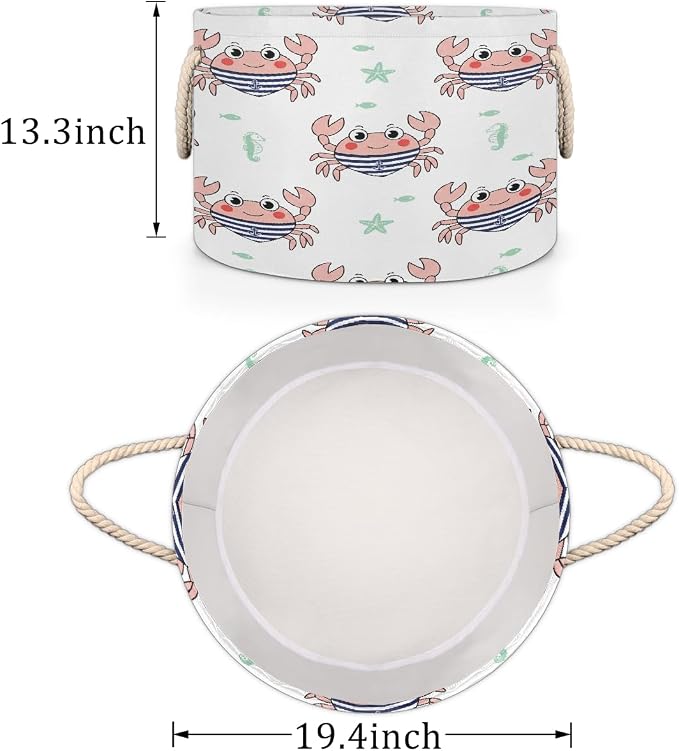 Large Storage Baskets - Nautical Crab Nursery Organizer Bin Box with Handles Collapsible Round Laundry Hamper for Kids Toys Pet Blanket, Bedroom Living Room Home Decor Gift Basket