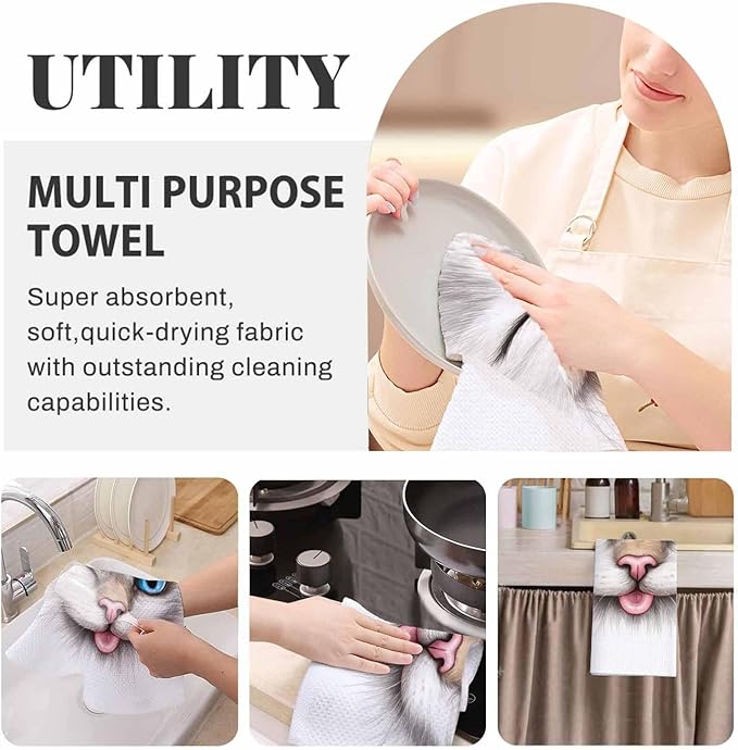 Funny Cat 2Pcs Kitchen Towels Creative Smiling Cat Blue Eyes Portrait 16X24 Inch Ultra Soft Tea Towel Super Absorbent Terry Dish Towels for Kitchen Linens