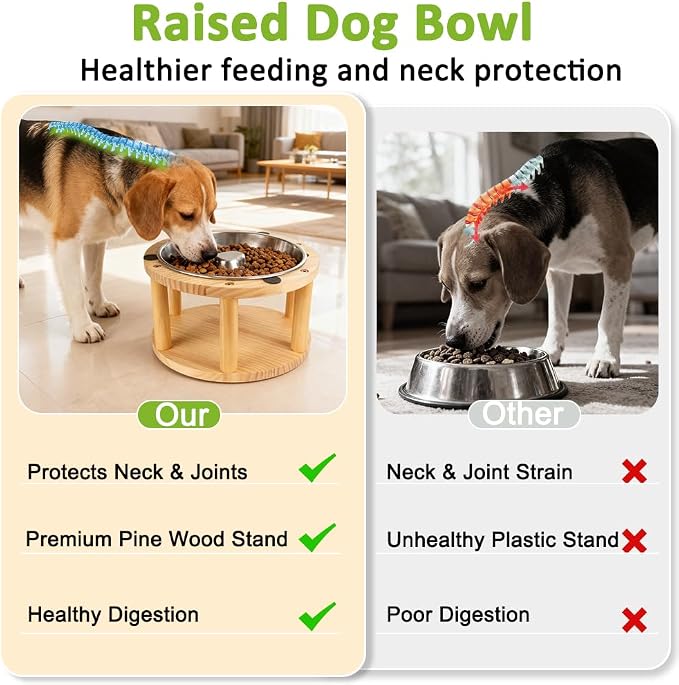Vivifying Elevated Dog Bowl, Pine Wood Stand with Stainless Steel Slow Feeder, 5.9" Raised Dog Bowl for Small & Medium Dogs