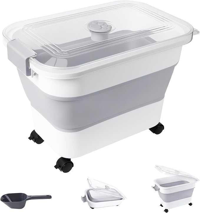 Dog Food Storage Container 25-30lbs, Airtight Pet Food Bin with Transparent Lid, Collapsible Design with Rolling Wheels & Scoop, Space-Saving, Light Gray