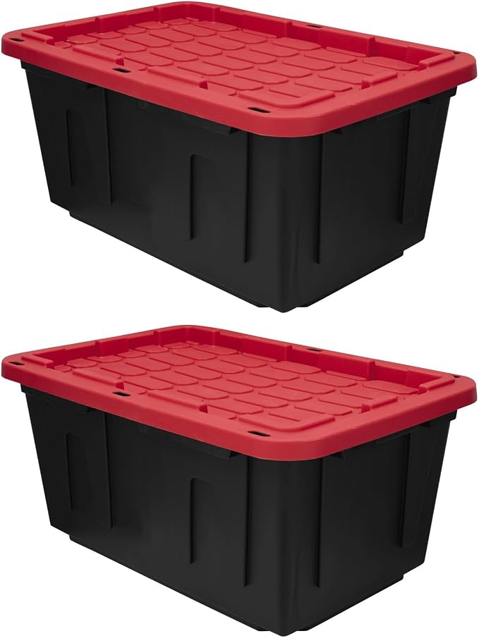 2Pack 27Gallon Heavy Duty Polypropylene Storage Containers Black Base Red 2-Point Snap Lock Lids Stackable Lockable Hole Indoor Outdoor Organizer