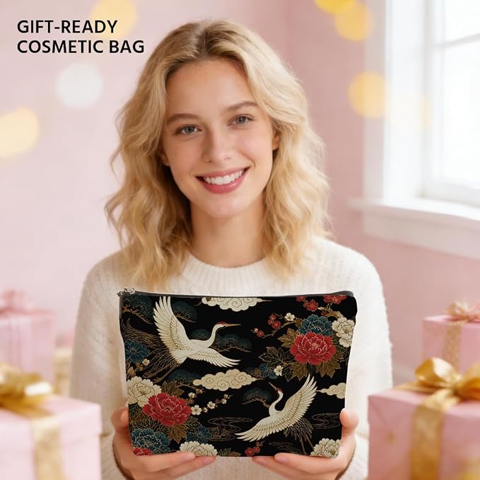 Vintage Oriental Cranes Makeup Bag Chinoiserie Floral Bird Cosmetic Bag | Travel Toiletry Bags, Toiletry Organizer Pouch Christmas Birthday Gifts for Women Mom Sisters Daughters Friends Bird Lover