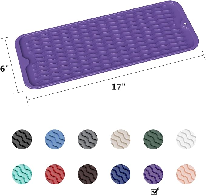 ZLR Small Dish Drying Mat for Kitchen Counter, 6"x17", Meadow Violet | Narrow Silicone Drainer for Apartment, Dorm & RV, Wavy Ridges Quick-Dry, Non-Slip, Rolls Up, Dishwasher Safe