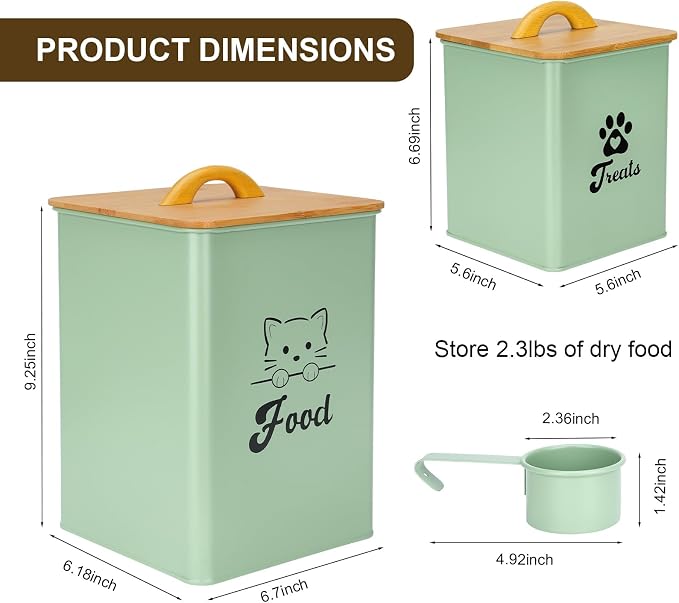 Cat Food Storage Container with Scoop, 2PCS Cat Food Storage Container with Lids Airtight, Cat Treat Jars for Kitchen Counter-7+3Lbs, Cat Cookie Jar for Storage,Saga Green