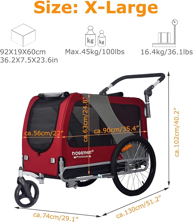 DOGGYHUT® Premium X Large Pet Bike Trailer & Stroller Up to 100 lbs (Red) | Bicycle Trailer for Small Medium or Large Dogs, Dog Bicycle Carrier, Low Center of Gravity, Folding Frame Cart