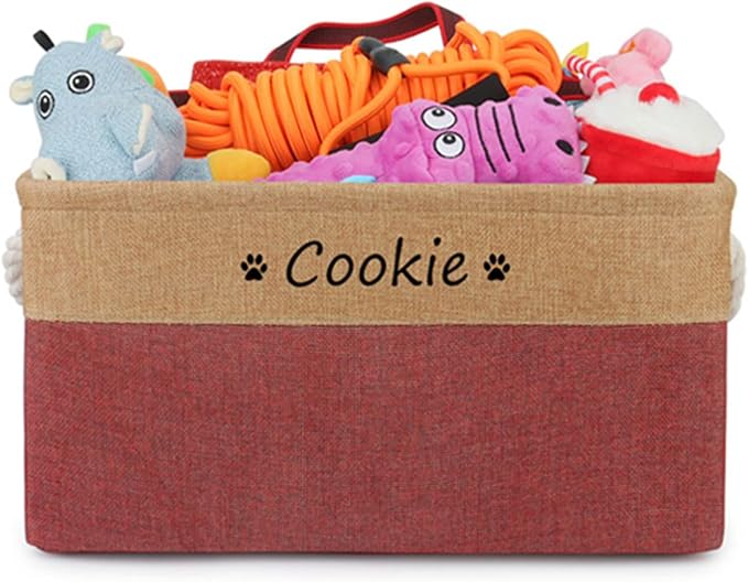 Personalized Dog Toy Storage Basket Bin Collapsible Customized Pet's Name Storage Box Organizer for for Dog Toys, Clothing, Apparel & Accessories (Burgundy, L)