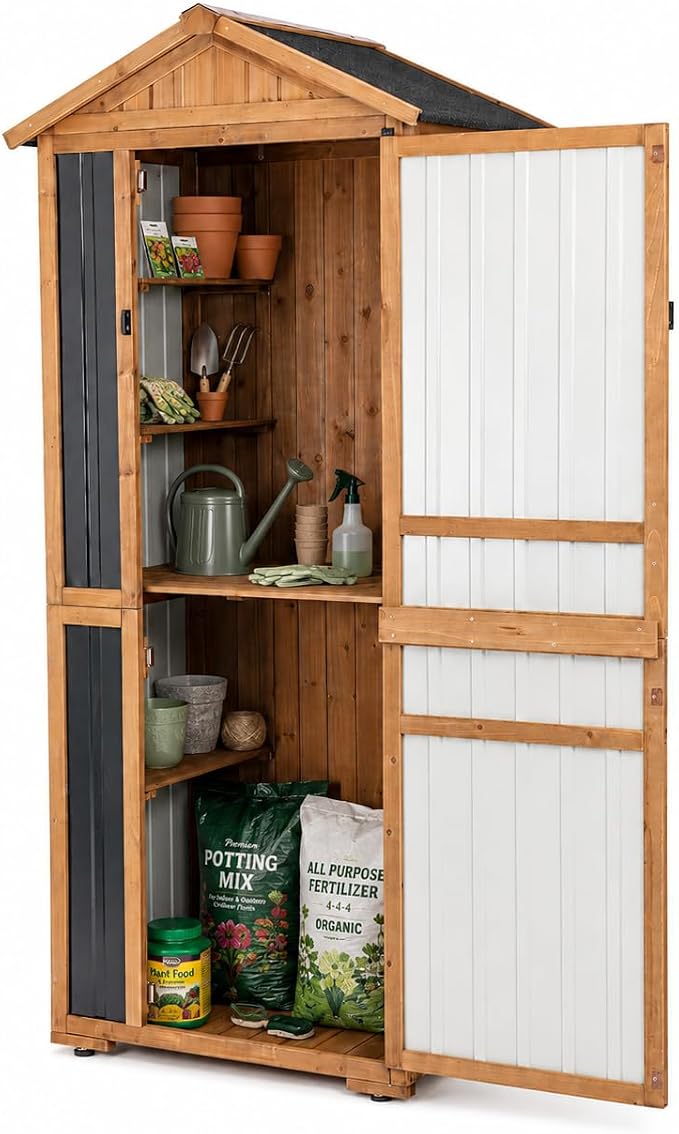 Ketive Outdoor Storage Cabinet Wooden Vertical Garden Tool Storage Shed | Adjustable Shelves, Waterproof Roof, Lockable Doors, Small Backyard Utility Cabinet for Patio Garage