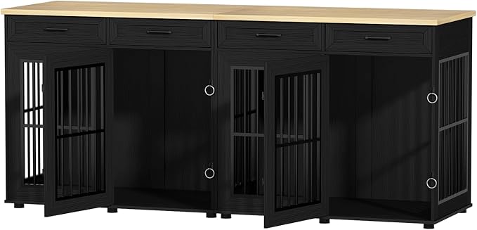 VOWNER 87" Dog Crate Furniture for 2 Dogs, Double Dog Cage Furniture, Black | Extra Large Wooden Dog Kennel with 4 Drawer, Removable Divider, Furniture-Style TV Stand, XXL Dog Crate for Large Medium Dogs