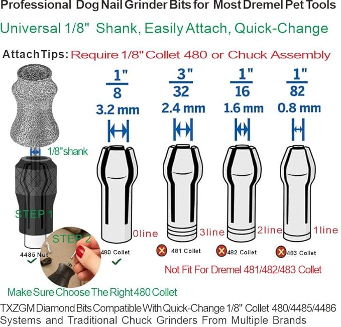Painless for Dremel Dog Nail Grinder Attachment Replacement Heads - Diamond Bit Refill Tips Fit Dremel 7760 & 7350, Smooth Grinder Tool Accessories for Small/Medium/Large Dog/Cat Thick Nail Grinding