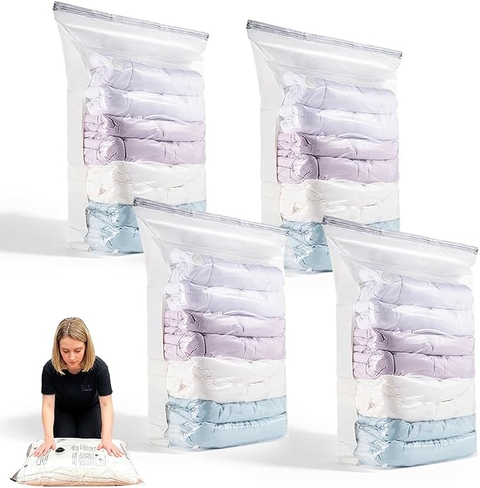 No‑Pump Vacuum Storage Bags, 2026 New Large Capacity Vacuum Bags No Pump Needed, Cube Compression Vacuum Seal Bags, Heavy-Duty Space Saver Bags for Clothes (4PCS Large)