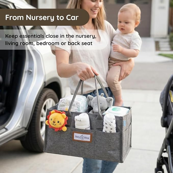 BabyBliss Polyester Diaper Caddy Organizer - Portable Wipe-Clean Nursery Storage Basket with Pockets and Dividers for Diapers, Wipes and Baby Essentials - For Nursery, Living Room and Car