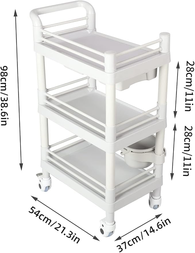 lesolar Medical Trolley 3 Tier Rolling Medical Utility Cart with Dirt Bucket & Drawer Heavy Duty Esthetician Trolley Cart for Spa Beauty Salon Wax