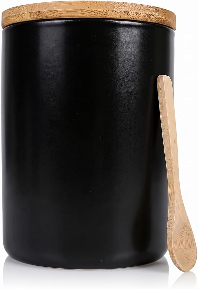 Arthausen Black Ceramic Storage Jar Canister for Flour Sugar - Airtight Bamboo Lid w/Silicone Seal, Spoon - Modern Abstract Art Design for Kitchen Counter Bathroom - 4 cup / 1080mL