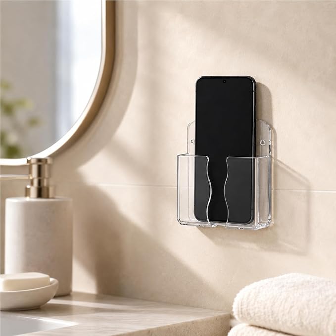 2 Pack Adhesive Phone Holder Wall Mount with Charging Hole Clear Universal Phone Holder for Wall, Adhesive Backing with Screws for Installation, for Bedroom Bathroom Kitchen and Office