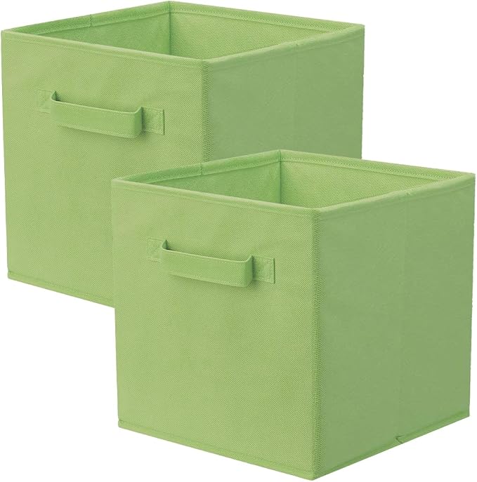 PowerKing Collapsible Storage Cubes, Farbic Storage Bins, Green, 2 Pack | Sturdy, Lightweight, Easy Pull Handle, Closet & Shelf Organizer, Clothes and Toys Storage, 10.5'' x 11'' x 10.5''