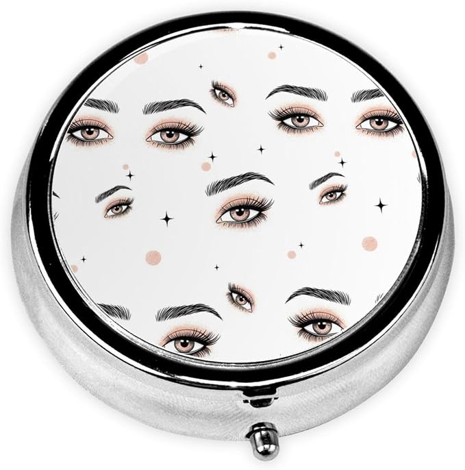 Round Pill Holder, Waterproof Organizer Case, Compact Travel Pill Box for Vitamins, Pocket Purse Use for Seniors, Gold Glitter Eyeshadow Beautiful Eyes Eyelash Black Lashes