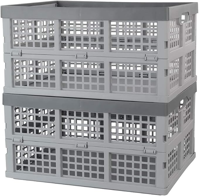 34 L Plastic Collapsible Milk Storage Crates Baskets, 2-Pack, Grey | Foldable Stackable Storage Container Crate