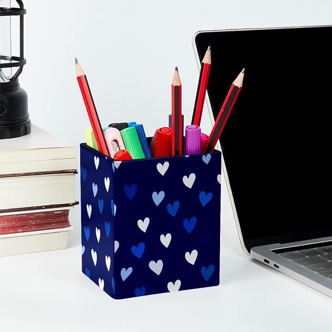 Love Heart Pen Holder for Desk Decor, Rectangular PVC Leather Pencil Cup for Desk Pen Organizer, Makeup Brush Holder for School, Home, Office