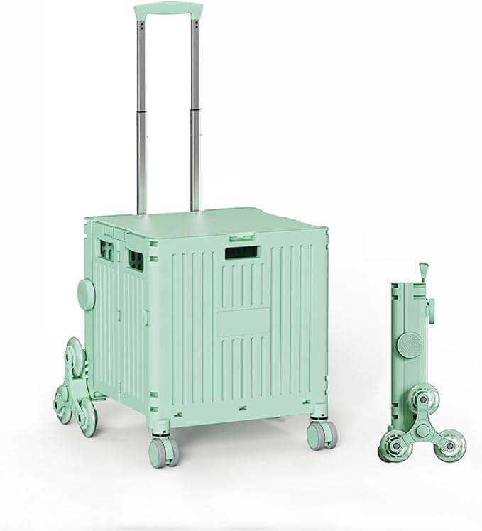 Collapsible Wheeled Crate with Lid,Folding Utility Cart Portable Rolling Crate Handcart,asket on 4 Rotate Wheels,Can Climb Stairs,Heavy Loads and Easy Storage Green 35.5x39.5x101cm (Ladder Version)