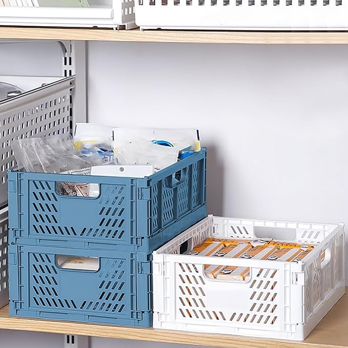 Plastic Drawer Organizer Collapsible Storage Boxes Crate,4-Pack Stackable Folding Storage Basket Closet Containers Toy Organiser for Home Office Bedroom Kitchen Drawer Pull Out Under Bed-Blue