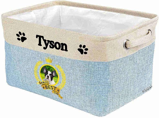 Custom Name Collapsible Dog Toy Storage Basket Bin World's Best Dog Adorable French Bulldog Puppy Foldable Pet Toy Box Closet Shelf Baskets Organizer for Bedroom Home Dog Cat with Handles Blue