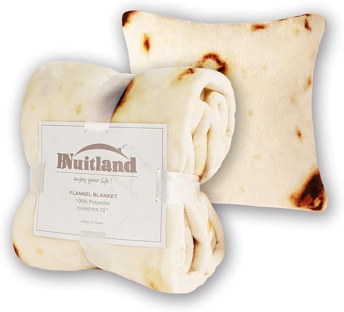 Bnuitland 72 Inches Tortilla Burritos Pattern Blanket with Pillow Cover (18×18"), 300 GSM Double Sided Giant Funny Novelty Realistic Food Blanket for Adults and Kids