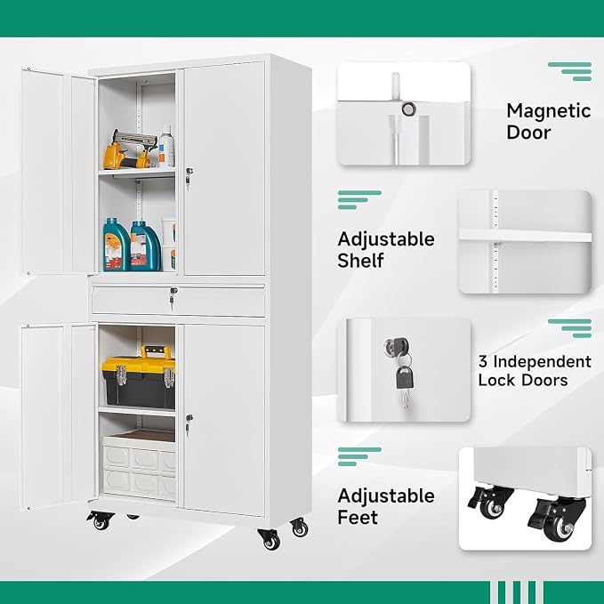 Metal Garage Storage Cabinet with Wheels,72“ Rolling Tool Cabinet with 4 Door Lock-Adjustable Shelves and Drawer for Garage Home Office Utility Room (White with Wheels)