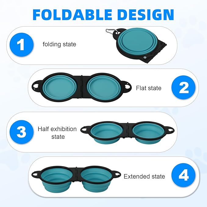 Collapsible Dog Dual Bowls, 2-in-1 with Locking Clip for More Stability 180 Degree Flip Portable Dog Travel Bowl for Water and Food Pet Food Drinker (Dark Green)