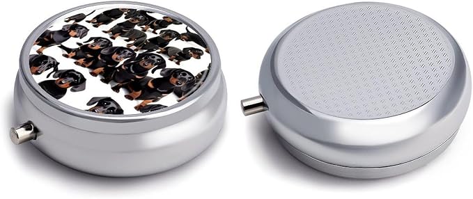 Dachshund Weiner Pet Dog Round Metal Pill Organizer 3 Compartment Travel Pill Case with Mirror Waterproof & Leak-Proof for Daily Meds Vitamins Supplements Fits in Purse Pocket Bag
