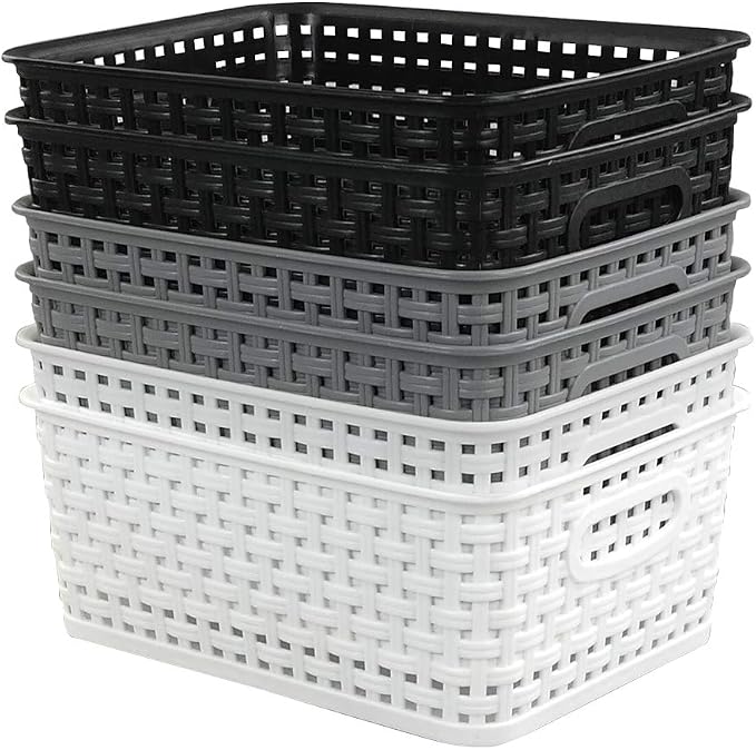 6-Pack Plastic Storage Basket, Woven Basket Bin | Breathable Woven Design, Plastic Structure, Cutout Side Handles, Ideal for Pantry, Cabinet and Office Supply Organization