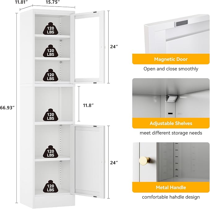 YAUWOH Metal Storage Cabinet with Glass Door, Tall Slim Pantry Organizer with 3 Adjustable Shelves (120LBS/Shelf), Anti-Tipping Waterproof Cabinet for Kitchen/Home Office/Small Spaces,(1PC,White)