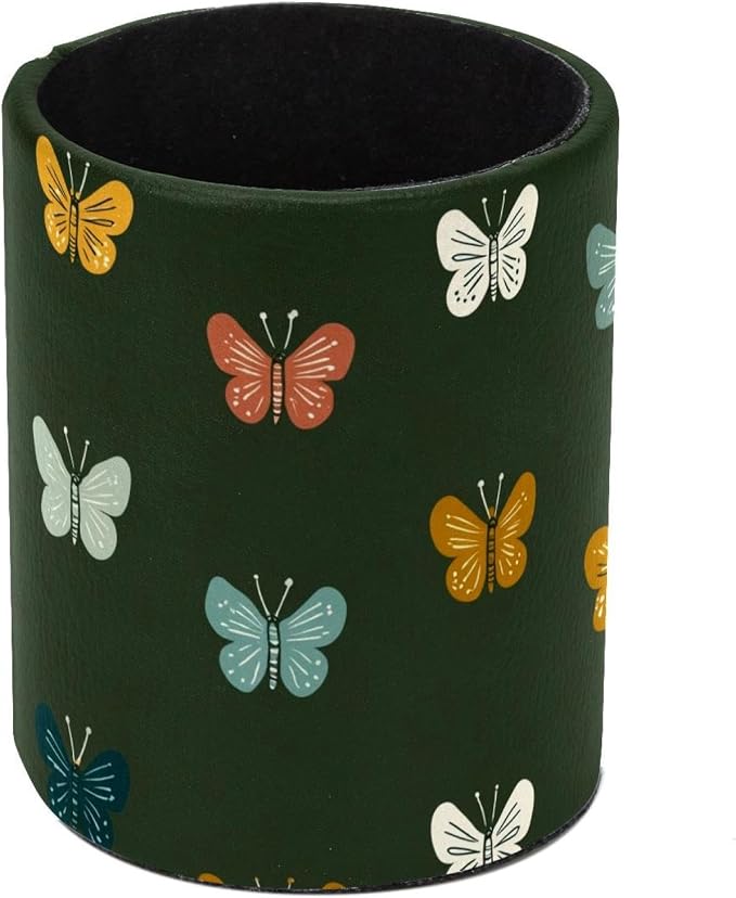 Faux Leather Pen Holder for Desk, Pencil Organizer Butterfly Pen Cup Desk Decor Makeup Brush Holder Storage for Office Home