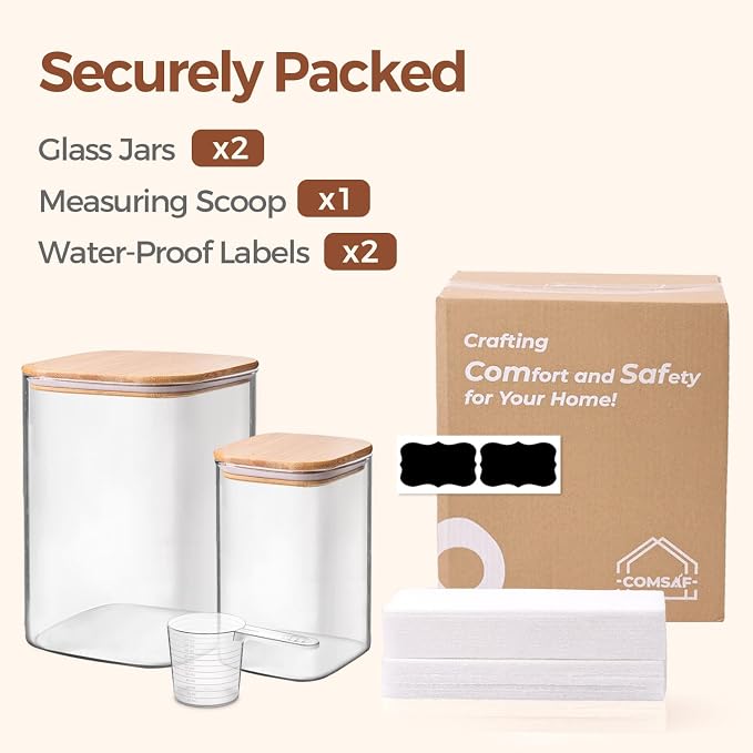 ComSaf Glass Storage Containers with Bamboo Lids 1.2/3.6 Qt 2 Pack | Pantry Organization, Flour Sugar Coffee Beans, Pasta Cereal Dry Food, Large Capacity, Cabinet Organization, Food Storage Jar