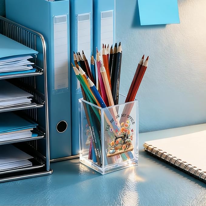 I'll Be In My Office Floral Sewing Machine Acrylic Pencil Holder Cup | Cosmetic Pen Holder for Office Desk Accessories for Seamstress Women Mom, Funny Sewing Lovers Mother's Day Birthday Gifts