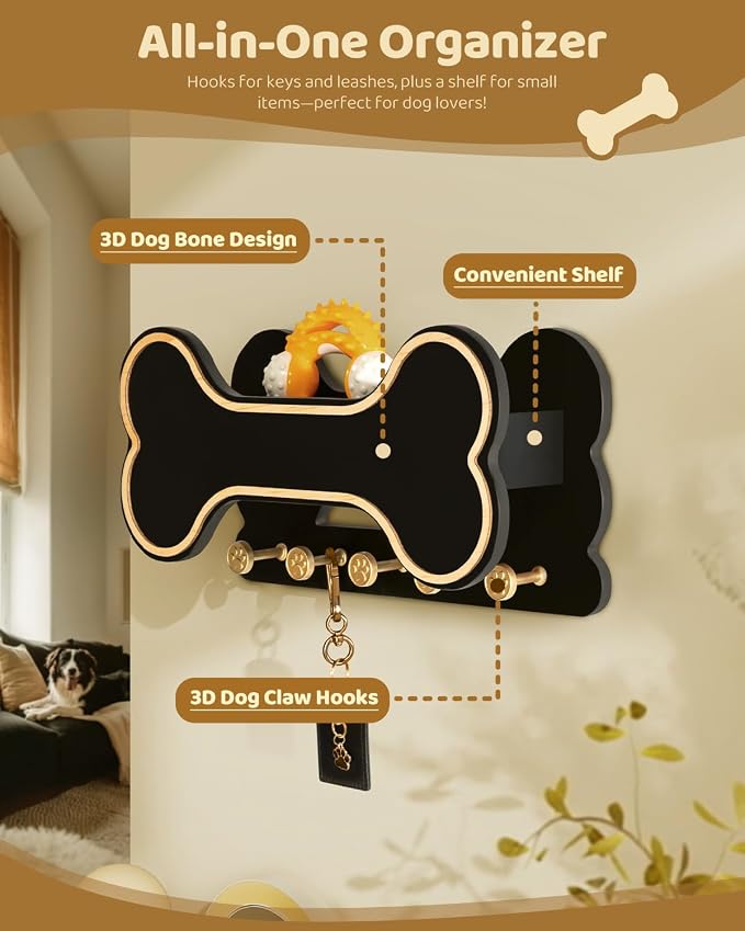 MTERSN Cute Dog Leash Holder for Wall for Dog Stuff Organizer, Black