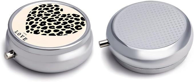 Leopard Print Heart Metal Round Pill Box, 3 Compartment Travel Organizer, Portable Pill Container with Secure Latch, 2 Inch Circular Vitamin Caddy for Pills and Vitamins, Gift for Him Her Elderly