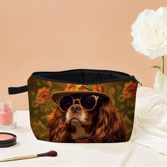 Cavalier King Charles Spaniel Makeup Bag Adorable Dog with Straw Hat & Sunglasses Cute Cosmetic Pouch for Dog Lovers Travel Toiletry Organizer Gift for Pet Enthusiasts