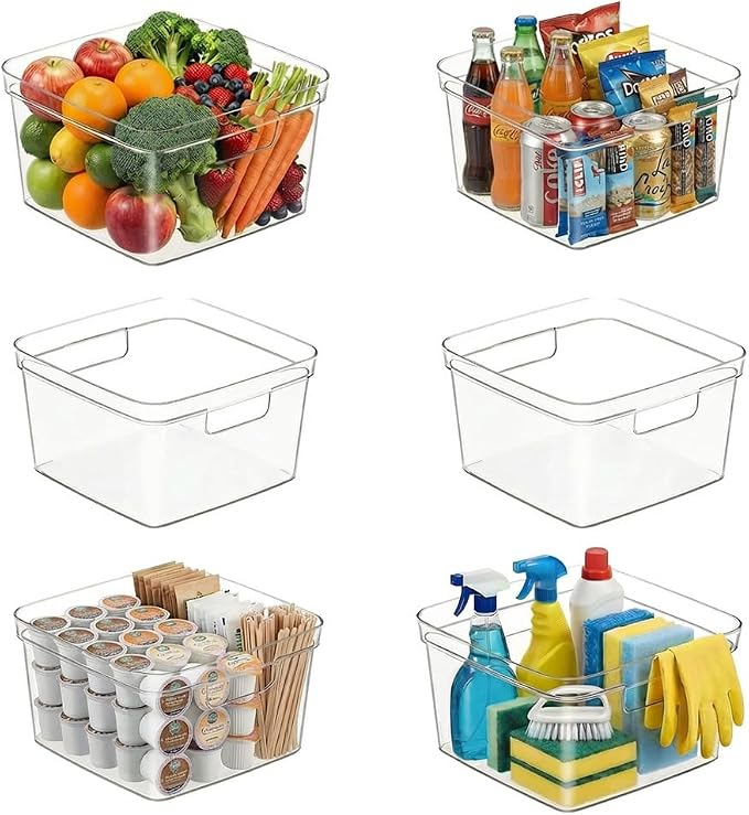 MOONEDGE 6-Pack 10x10x6 Clear Plastic Cube Storage Bins with Handles | Open-Top durable square organizer boxes for closet,pantry,kitchen,fridge,playroom,bathroom,under-sink,vanity organization