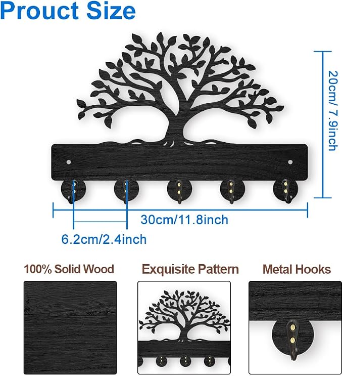 MAYJOYDIY Tree of Life Coat Rack Wall Mount 11.8×7.9inch Lush Tree Key Holder for Wall Decorative Wood Black Key Rack Hanger 5 Alloy Hooks for Wall Art Decor Entryway Front Door Gift